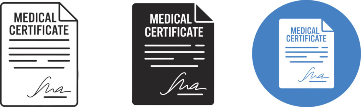 Medical certificate icon set black white and blue variations vector illustration