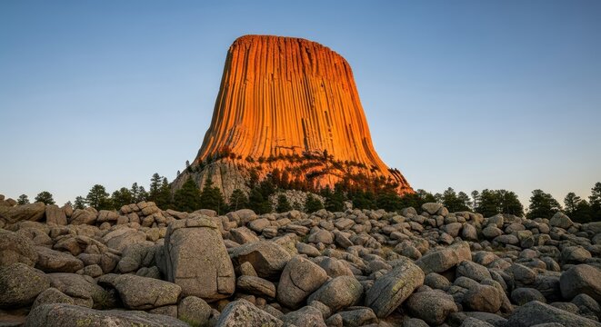 Devils Tower National Monument at Sunset with Golden Light on Rock Formations and Boulder Field in Wyoming