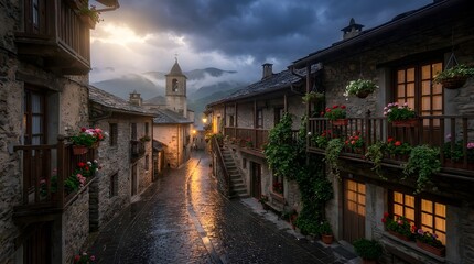 Fototapeta premium Quaint european village street with flowers on balconies at dusk