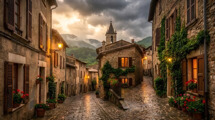 Fototapeta premium Quaint italian town street with flowers and mountains