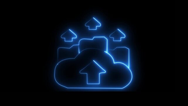 Digital cloud icon, data transfer animation Glowing neon cloud storage with arrows, looped animation. Cloud space technology, data backup