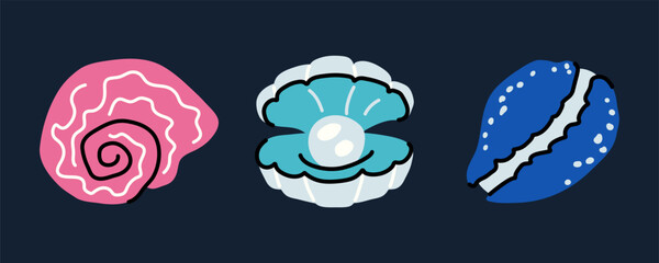 Clam shell with pearl, pink snail spiral and blue cowrie shell isolated on dark background. Vector icon set, perfect for marine and summer design © Panna_Limon