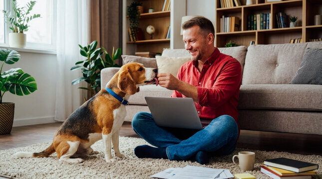 Smiling man in red shirt working on laptop while beagle dog playfully nudges his hand, relaxed home office atmosphere.