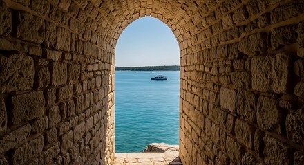 Fototapeta premium Ancient stone archway framing Mediterranean sea view.