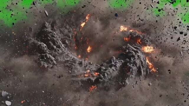 Fiery explosion and debris scattering against a green screen background