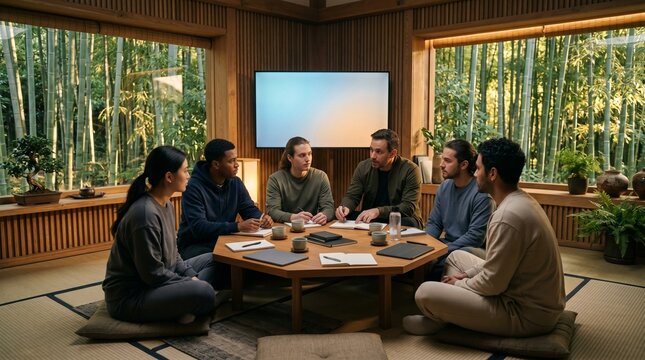 E sports guild strategy lounge in wood pavilion beside bamboo grove