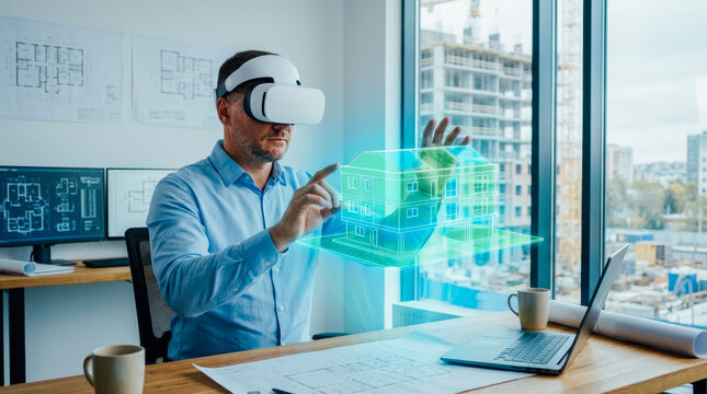 Middle-aged architect using VR headset visualizing 3D house model in modern office with cityscape view, showcasing construction technology.