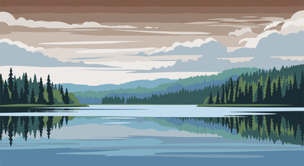 Obraz premium Pixel art forest lake reflecting trees and cloudy sky