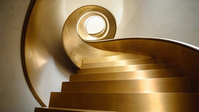 A golden spiral staircase ascending upwards, steps gradually widening in soft morning light.