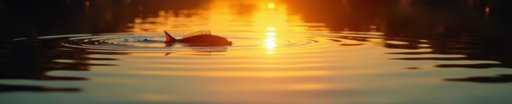 Golden hour sun reflects on lure, calm water ripples , pond, relaxation