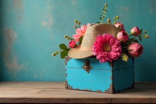 Blue hatbox with dual floral displays on wooden table against aged wall , background, table
