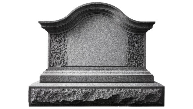 Granite tombstone with carved floral motifs and curved top
