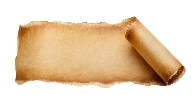 Aged parchment scroll with burnt edges, partially unrolled