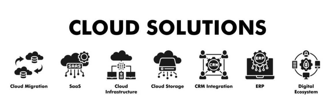 CLOUD SOLUTIONS web banner icon vector illustration concept with icon of Cloud Migration, SaaS, Cloud Infrastructure, Cloud Storage, CRM Integration, ERP, Digital Ecosystem