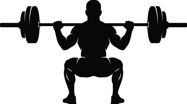 Silhouette of a man performing a barbell squat in a gym setting male fitness