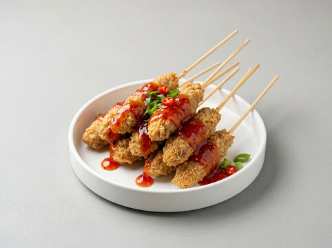 Crispy Fried Chicken Skewers with Sweet Chili Sauce on White Plate