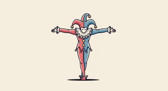 Stylized character in a jester costume with arms outstretched, against a plain background