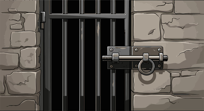 Detailed illustration of a heavy metal gate and latch on a rough stone wall