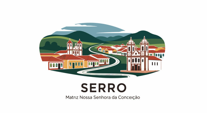 Stylized illustration of a historic town with churches, homes, and winding roads on rolling hills