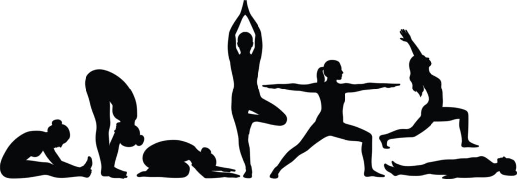 Silhouette of seven women performing various yoga poses on a white background woman fitness