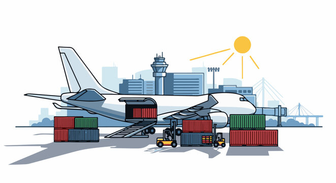 Cargo plane being loaded with containers at an airport under a sunny sky