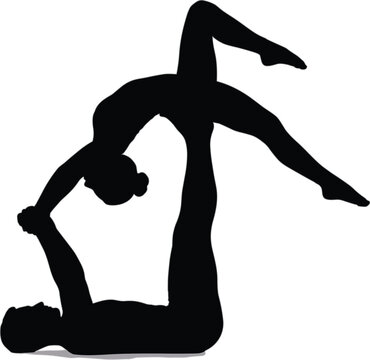 Silhouette of two people performing acro yoga pose on a white background couple partner yoga