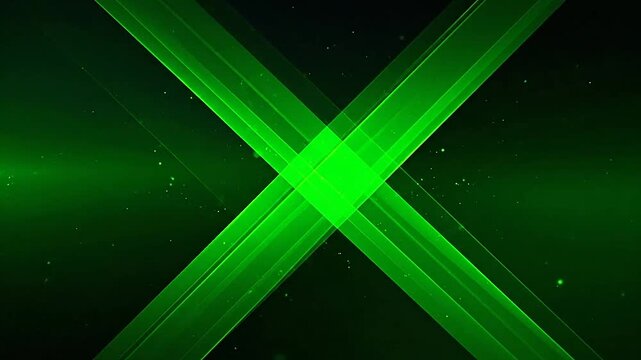 Abstract green light beams crossing on a dark background surface
