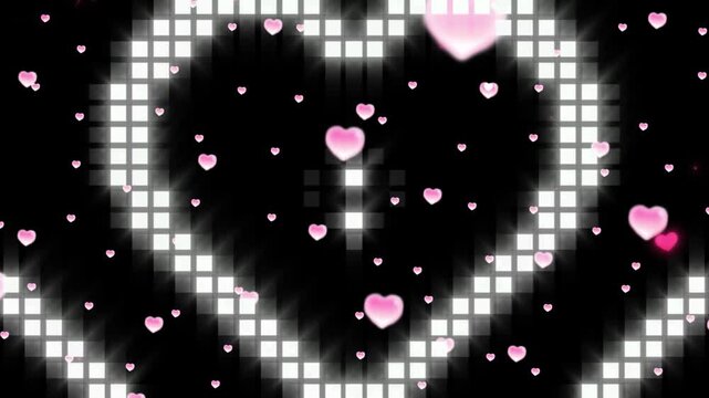 Animated pink hearts and ecg line on black background with white grid pattern