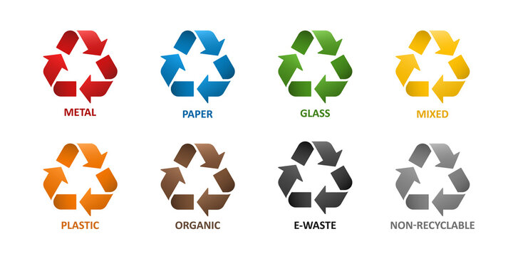 Colored eco recycle symbol set with 3D effect, triangle triple arrow for waste sorting. Vector