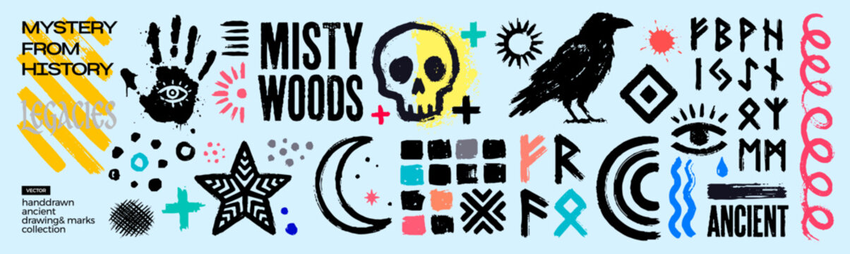 Collection of cryptic symbols, runes, skull, raven, and celestial objects with text Mystery From History and Misty Woods. Enigmatic graphic design with a mysterious and ancient theme.