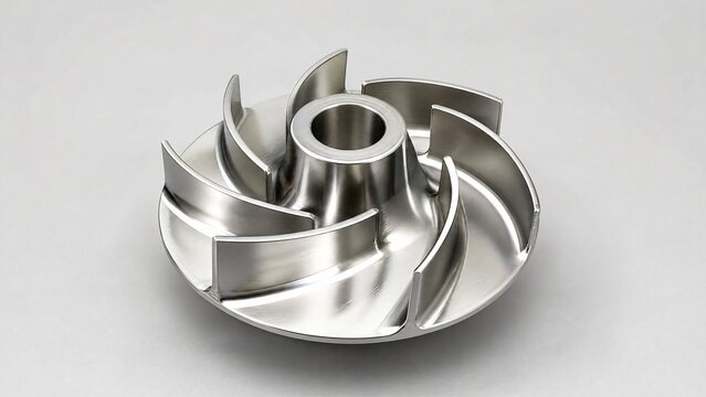 impeller. Stainless steel impeller with metallic reflections under industrial lighting. safety posters, maintenance manuals, designed for precision metalworking and fabrication facilities.