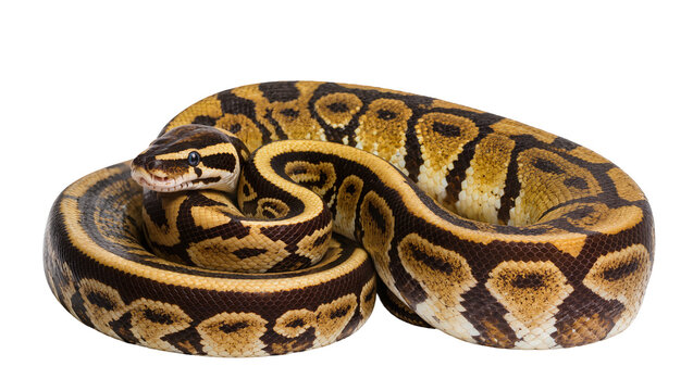 Ball Python coiled with intricate brown and yellow patterned scales