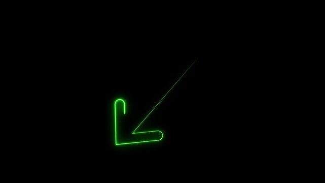 Diagonal double neon ended arrow on transparent background diagonal green arrows, resize digital interface, UI element, 4k video.