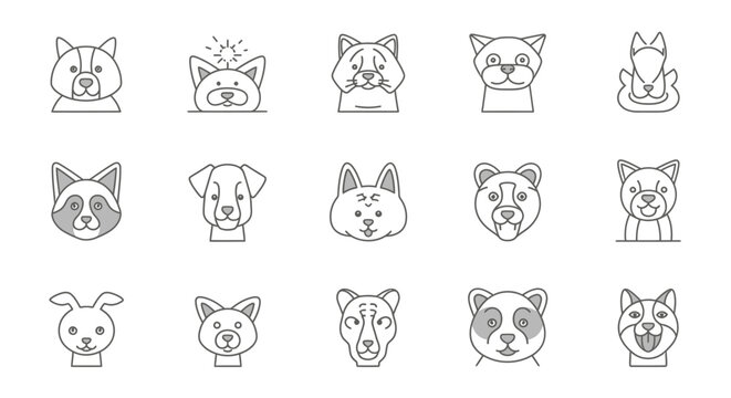 Collection of cute animal face line icons.