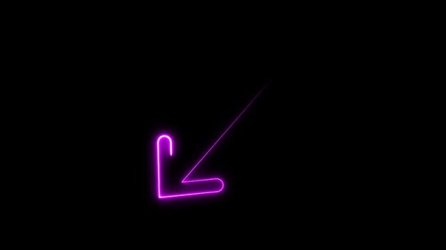 Diagonal double neon ended arrow on transparent background diagonal purple arrows, resize digital interface, UI element, 4k video.
