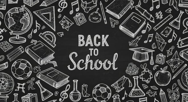 Back to school chalkboard illustration with school supplies graduation cap and educational elements