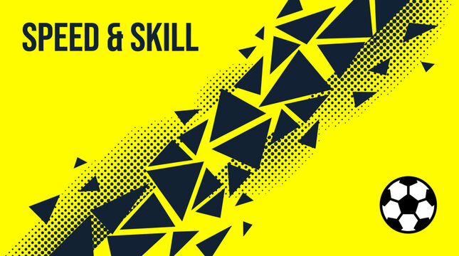 A dynamic illustration of a soccer ball with geometric shapes on a bright yellow background showcasing speed and skill in a sports graphic design.