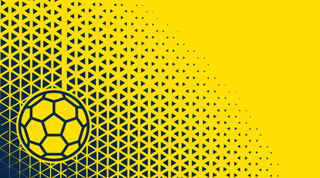 A soccer ball illustration features a geometric pattern on a yellow background with dark blue dots.