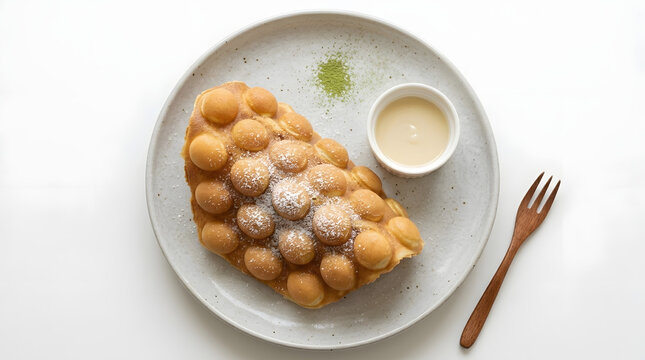Fresh and famous Taiwanese egg waffles with condensed milk sauce and a bit of matcha sprinkles on white platter with wooden fork next to it on white background