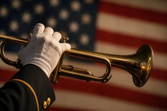 Military trumpet player in white gloves holding brass bugle, American flag background, patriotic musician performing taps for memorial service