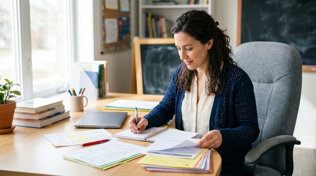 A focused female teacher or student working at a desk in a classroom or home office environment writing notes