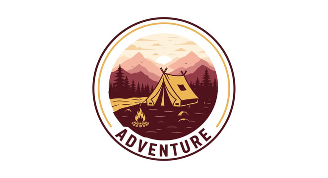 Embark on a journey of outdoor exploration with this adventurous camping illustration featuring a tent, campfire, and scenic mountain landscape