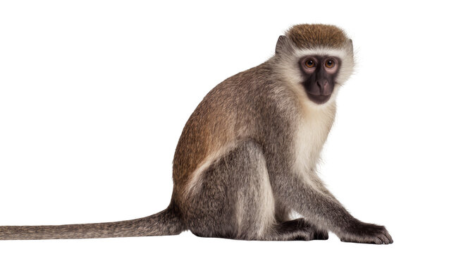 Vervet monkey sitting with long tail extended