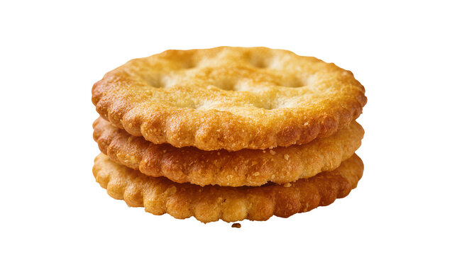 Stack of golden round crackers with perforated surface