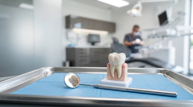Tooth Model with Dental Mirror on Clinic Tray, Modern Dental Care and Oral Health Concept