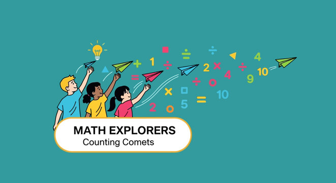 Children joyfully engaging with arithmetic symbols and numbers, using paper airplane comets to explore early math concepts in a creative learning adventure