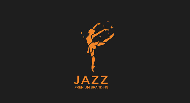 Elegant jazz dancer silhouette logo with starry accents and 'premium branding' text, symbolizing grace and performance