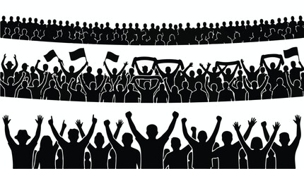 Obraz premium Huge stadium crowd in three rows holding flags and banners silhouette