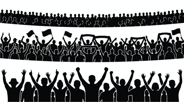 Huge stadium crowd in three rows holding flags and banners silhouette