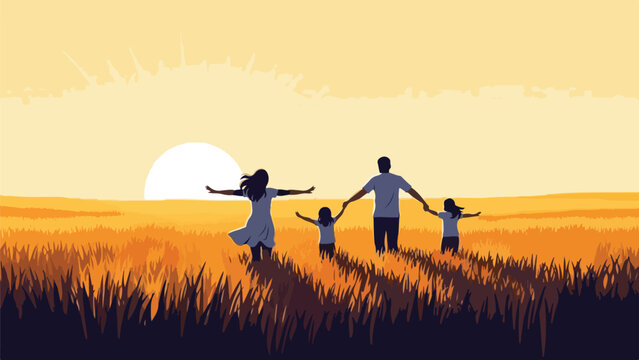 Family of four walking hand in hand through a field at sunset.